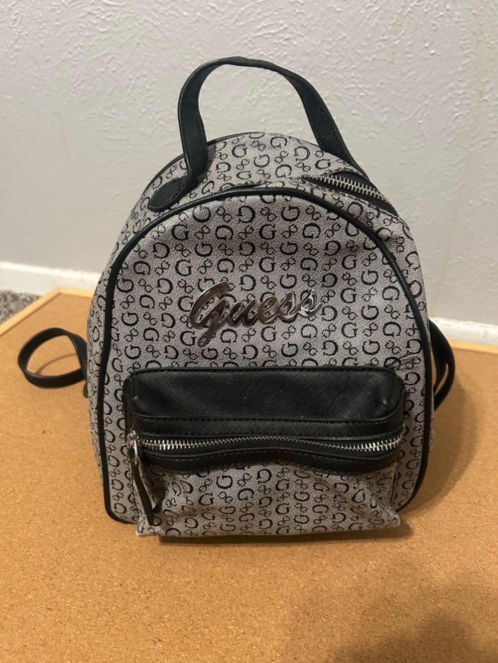 Guess Small Monogram Backpack in Gray and Black